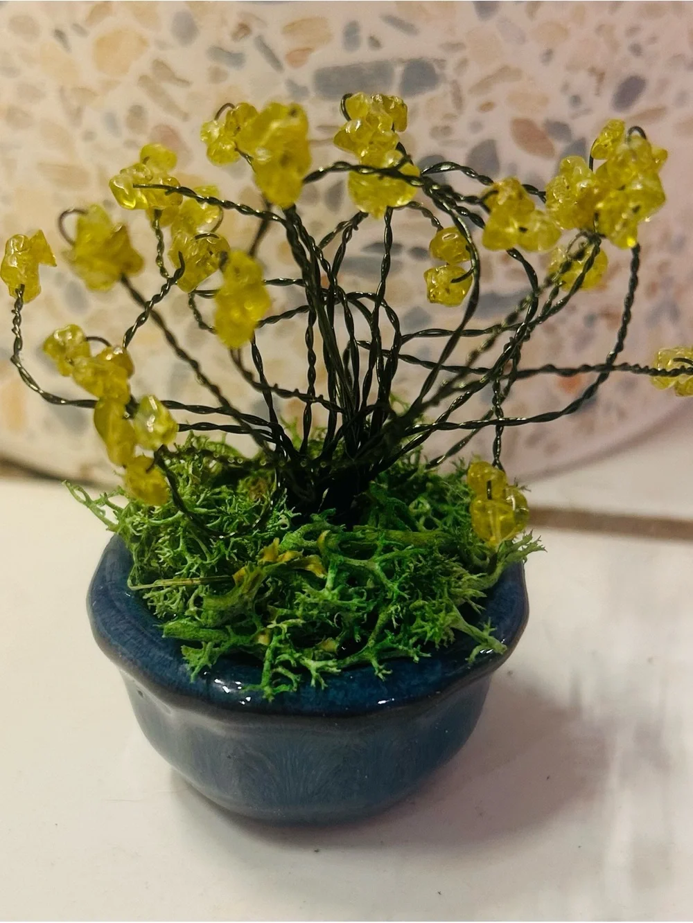 Peridot Gemstone Flower Miniature in Blue Ceramic Pot - Home Accent